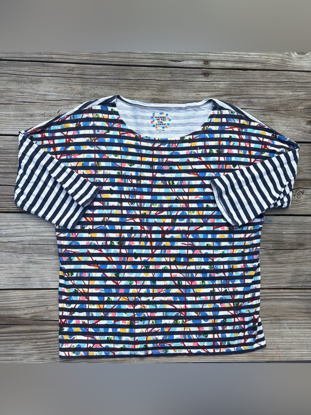 J. Crew x Michael De Feo Striped Floral Graffiti Knit Top Womens Large